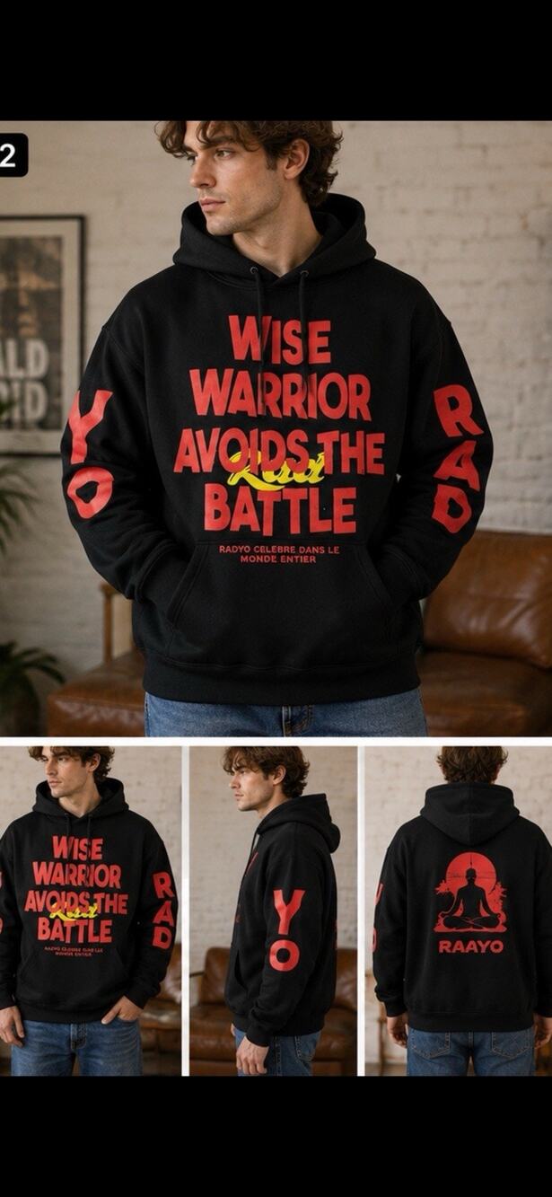 RaaYo Wise Warrior Avoids the Battle Graphic Hoodie Black Red Men’s 2XL